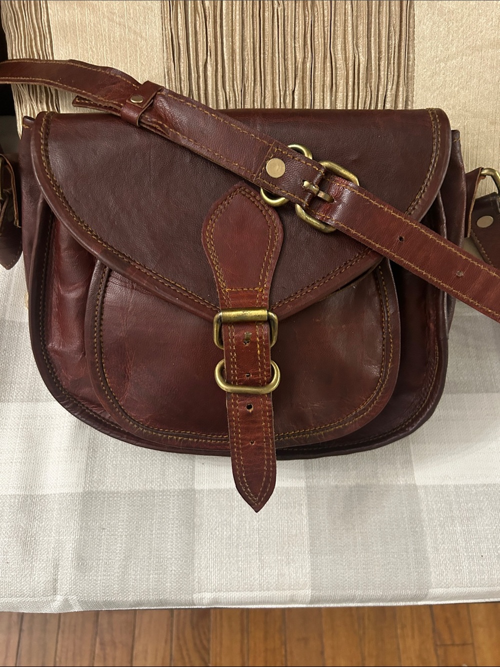 Rare Vintage Firu handmade Rich Brown Leather Crossbody Bag with Buckle Strap